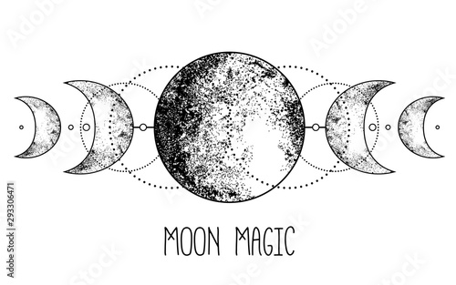 Triple moon pagan Wicca moon goddess symbol. Three-faced Goddess: Maiden – Mother – Crone vector illustration. Tattoo, astrology, alchemy, boho and magic symbol.