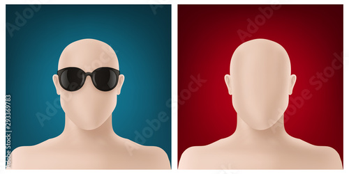 Faceless avatar design set - Incognito design with sunglasses on blue background and simple faceless version on red background