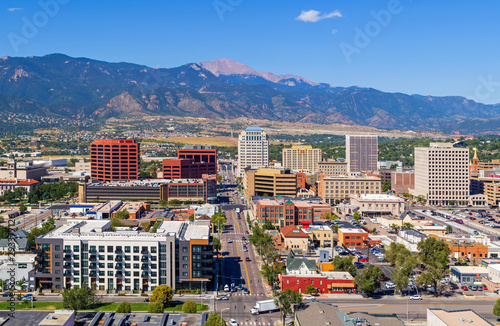 Aerial of downtown Colorado Springs with Pikes Peak in the background