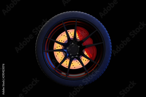 Wheel with glowing brake disc isolated on black; racing brakes; car tuning concept; 3d render