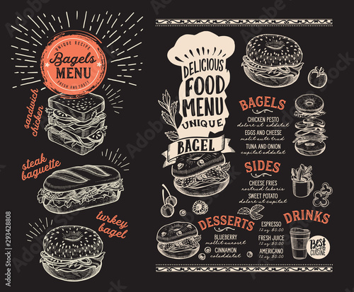 Bagel and sandwich menu for restaurant with food graphic illustrations.