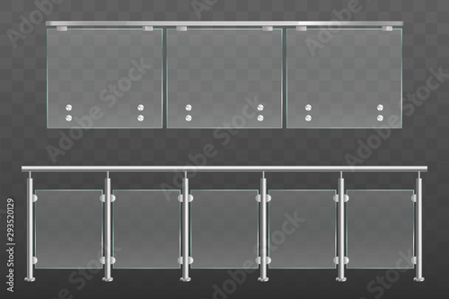 Glass balustrade with metal handrails set. Banister or fencing sections with steel pillars. Panels balusters for architecture design isolated on transparent background Realistic 3d vector illustration