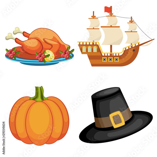 Thanksgiving day icons set. Fried turkey dish, mayflower ship, pumpkin, piligrim hat. Vector illustration.