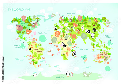 Vector map of the world with cartoon animals for kids. Europe, Asia, South America, North America, Australia and Africa. 