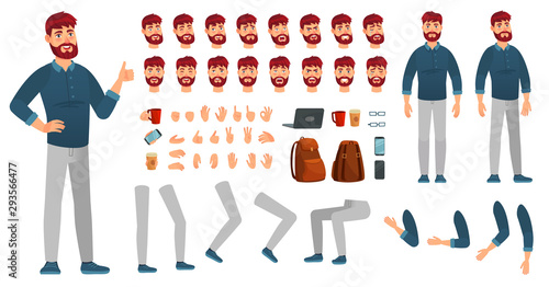 Cartoon male character kit. Man in casual clothing, different hands, legs poses and facial emotion. Characters constructor vector set