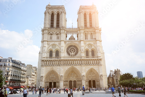 Front view of Notre Dame Cathedral in Paris, France before destruction from fire