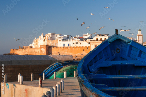 City view of Essaouira / City view of Essaouira with fishing boat, Morocco, Africa.
