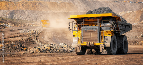 Open pit mine industry, big yellow mining truck for coal anthracite