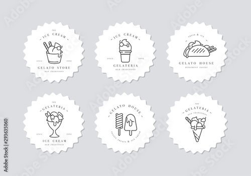 Vector set design colorful templates logo and emblems - ice cream and gelato. Difference ice cream icons. Logos in trendy linear style isolated on white background.