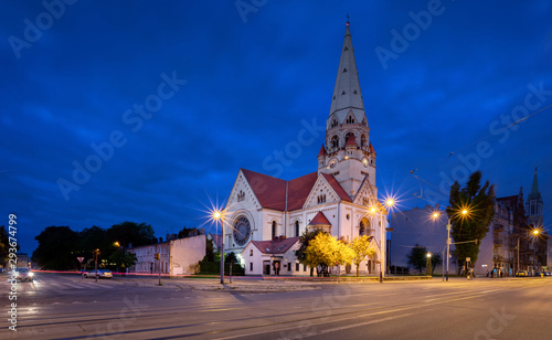 Church of St. Mateusz at dusk in Lodz, Poland