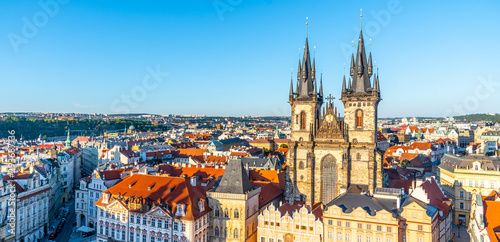 Aerial view of Church of Our Lady before Tyn at Old Town Square, Prague, Czech Republic