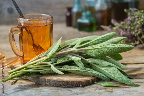 Fresh sage, cup of healthy salvia tea, medicinal herbs and glass bottles of essential oil and tincture on background.