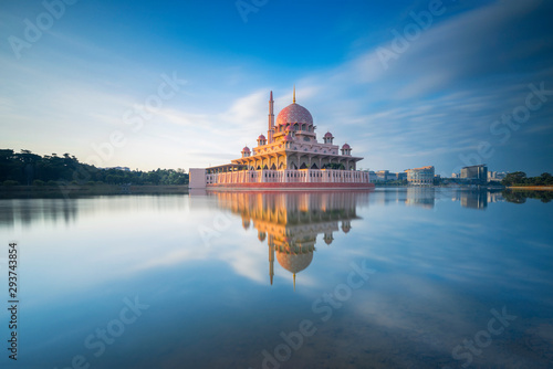 Putra Mosque motion sky. The Mosque is the principal mosque of Putrajaya, Landmark in Malaysia / Shallow depth of field, slight motion blur.