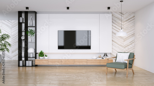  TV cabinet and display with wood flooring and green chair, minimalist and vintage interior of living room, ,3d rendering