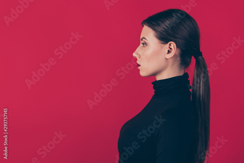 Profile side photo of gorgoeus strict lady freelancer look listen to her employees real leader wear fashionable clothes isolated over red color background