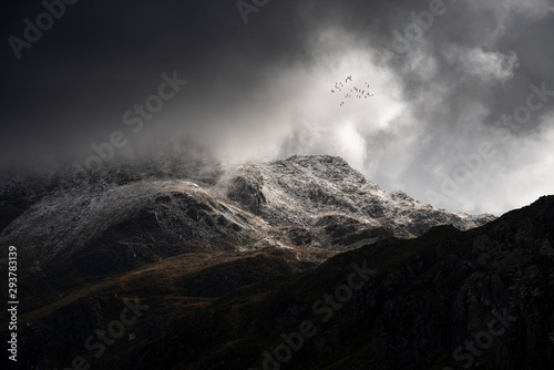 Stunning moody dramatic Winter landscape image of snowcapped Tryfan mountain in Snowdonia with stormy weather brooding overhead with birds flying high above