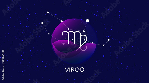 Virgo sign, zodiac background. Beautiful and simple illustration of night, starry sky with virgo zodiac constellation behind glass sphere with encapsulated virgo sign and constellation name. 