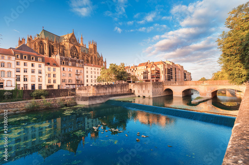 Cityscape scenic view of Saint Stephen Cathedral in Metz city at sunrise. Travel landmarks and tourist destination in France