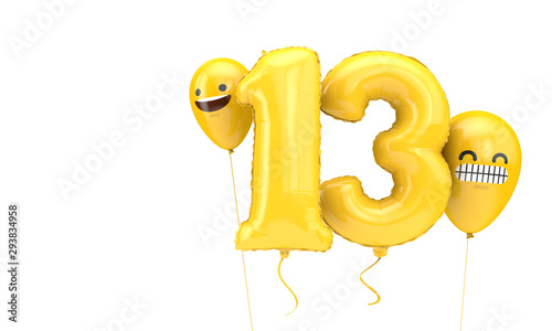 Number 13 birthday ballloon with emoji faces balloons. 3D Render