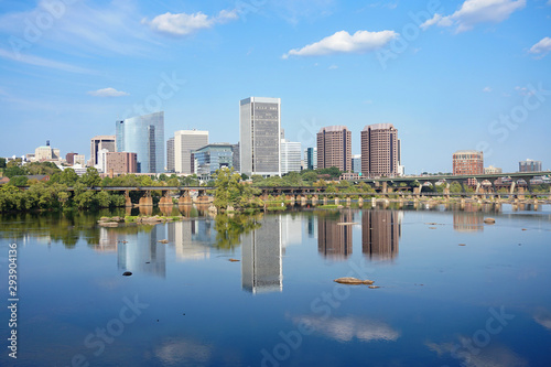 Richmond Virginia skyline reflecting in the James river