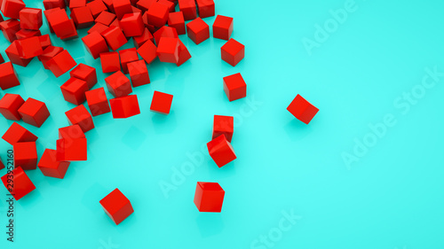many red cubes on a turquoise background. 3d rendering illustration