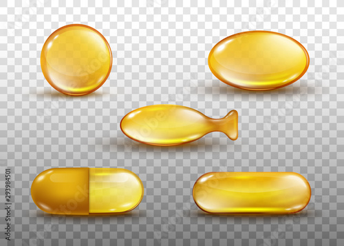 Golden oil capsule set - realistic shiny medicine pills with gold yellow fish oil