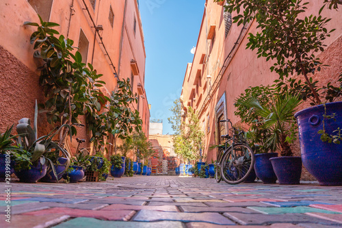 picturesque street in Marrakesh city with plants in blue vases and painted cobbles