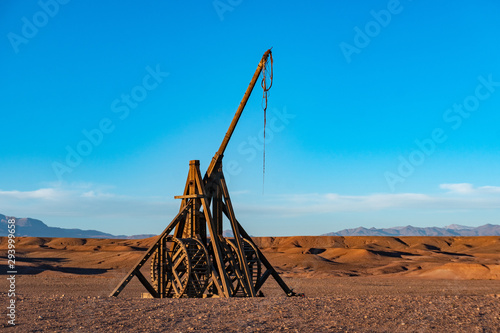 Medieval trebuchet in Sahara desert, Morocco. Atlas Mountains, at Studio polygone