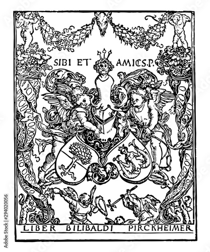 Pirkheimer's Bookplate includes the coat of arms of Pirkheimer and Rieter, vintage engraving.