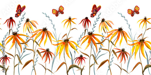Seamless border from abstract rudbeckia flowers, grass and butterflies. Floral watercolor print for fabric and other designs on a white background.