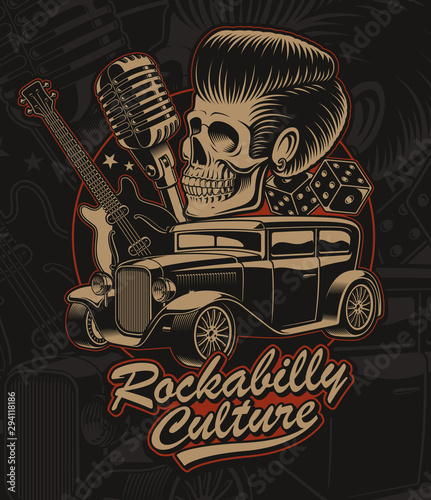 Vector illustration of a skull in rockabilly style.