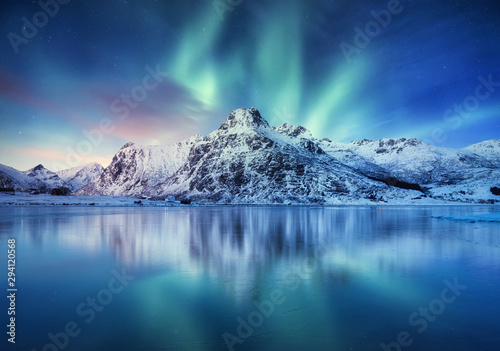 Aurora Borealis, Lofoten islands, Norway. Nothen light, mountains and frozen ocean. Winter landscape at the night time. Norway travel - image