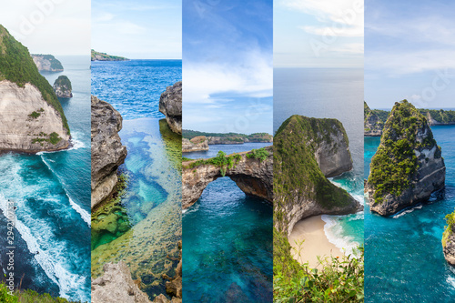 Travel destinations on Bali: collage of most popular must see places of Nusa Penida island Indonesia. Concept of tropical holidays. Can be used for brochures and cards. Tourism nature landscape Asia