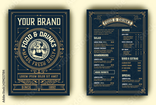 Vintage template for restaurant menu design with Chef illustration. Vector layered.