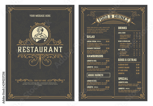 Antique template for restaurant menu design with Chef illustration. Vector layered.