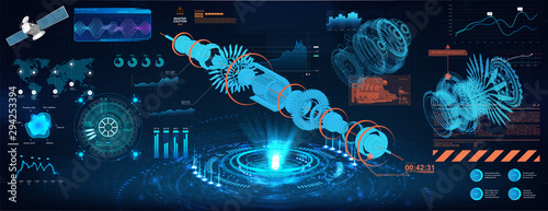 Head up display - project, holograms mechanisms. Jet engine blueprint and gear xray with futuristic HUD interface. Futuristic Geometric Parts of the Mechanism. Vector illustration 