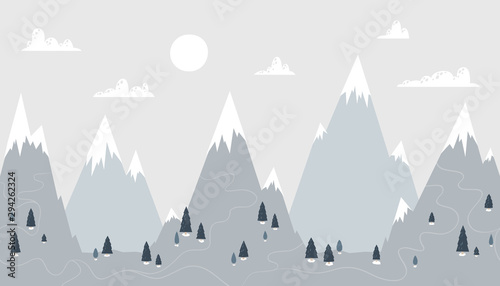 Mountain landscape in a trendy Scandinavian style. Snowy peaks in the clouds with spruce forest and roads. Vector seamless border perfect for wallpaper in a nursery. Pastel palette