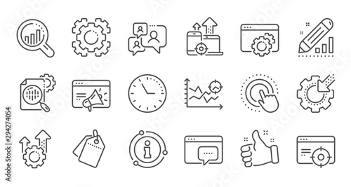 Seo line icons. Website stats, Target and Increase sales signs. Traffic management, social network and seo optimization icons. Linear set. Quality line set. Vector