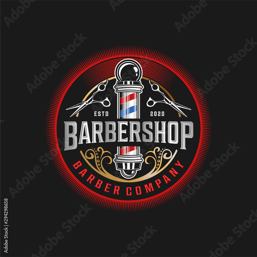 PrintBarbershop logo with a complex design of elegant vintage details with professional scissors and razor elements, for your business and professional barbershop label with quality services.