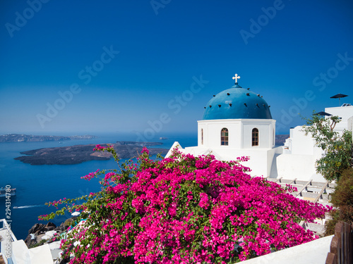 Blooming bush and white cathedral over blue sea