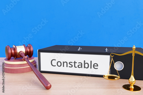 Constable – Folder with labeling, gavel and libra – law, judgement, lawyer