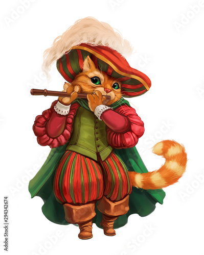 Cartoon hand-drawn illustration of cat in boots playing flute