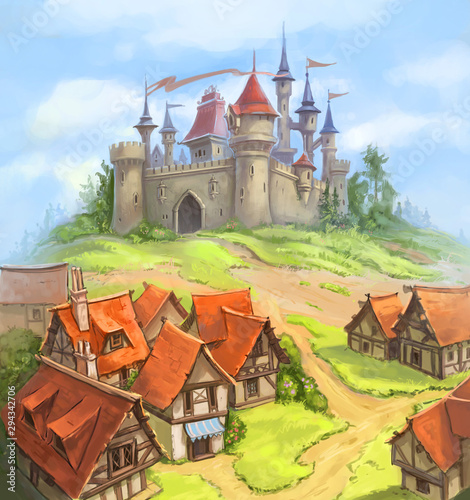 A medieval castle and a small town on a hill. Fortress, Europe, Middle Ages, Renaissance, Baroque, feudal lords, knights, old city, streets, roofs, tiles, history.