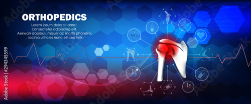 Medical treatment for orthopedic traumatology. The doctor gives treatment for a patient who has a shoulder bone injury. Orthopedics medical molecule Hexagon.Vector illustration