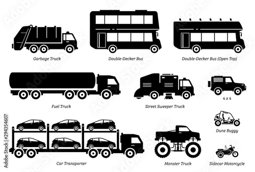 List of special purpose vehicles icon set. Side view artwork of garbage truck, double decker bus, fuel truck, street sweeper, 4wd, car transporter, monster truck, dune buggy, and sidecar motorcycle.