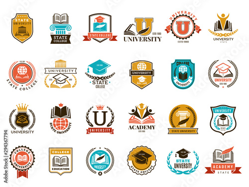 College emblem. School or university identity symbols badges and logo vector collection. College and school, university emblem illustration