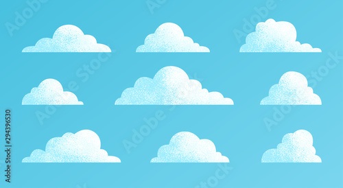 Clouds set isolated on a blue background. Simple cute cartoon design. Modern icon or logo collection. Realistic elements. Flat style vector illustration.