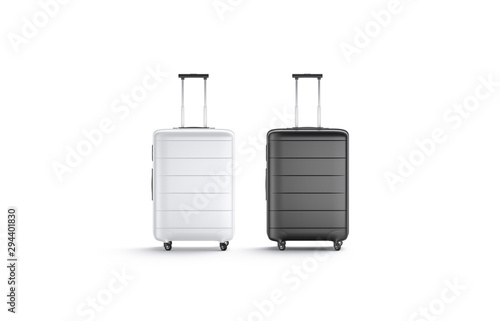 Blank black and white suitcase with handle mockup stand isolated
