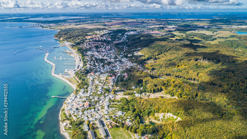 Aerial view of Sassnitz picturesque city on the edge of Jasmund National Park on the island of Ruga