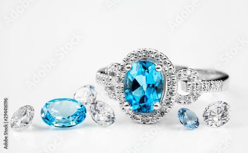 Diamond ring. Ring with diamonds and large topaz. Topaz and diamond stones.